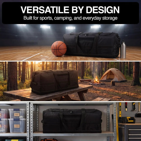 Beast Of A 132L 36 Inch Heavy Duty Extra Large Duffle Bag for camping with tent, basketball court, and storage shelves.