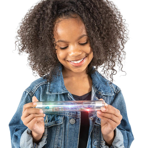 Girl smiling while holding the Energy Stick Science Kit For Kids Hands On Electricity Learning Turn Your Body Into A Conductive Demonstration