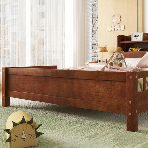 Solid Pine Wood Bed With Bookcase Headboard And Walnut Finish, Built In LED Motion Sensor Light With Three Modes, Sturdy Guard Rails