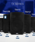 Image of TX Series PA speakers including the TX408 350W 8 Inch Powered PA Speaker With Bluetooth And 2 Channel Mixer For Mobile DJs