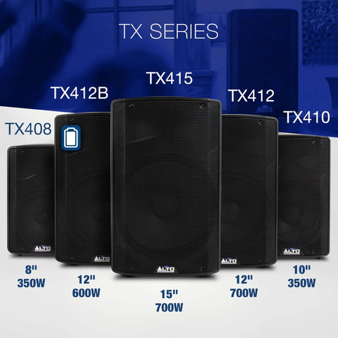 Image of TX Series PA speakers including the TX408 350W 8 Inch Powered PA Speaker With Bluetooth And 2 Channel Mixer For Mobile DJs