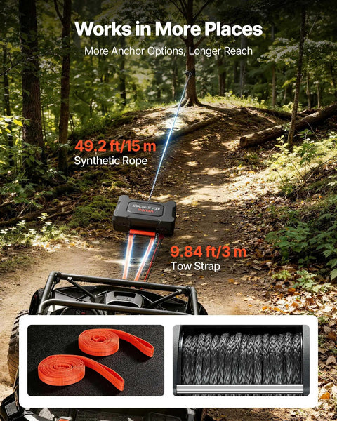Portable Workhorse Winch 6000 Lbs 12V DC Electric With Synthetic Rope Wireless And Wired Remotes Box Style Recovery Kit With Fairlead Clevis Hook And Strap For ATV UTV Off Road Pulling Tasks in forest recovery setup