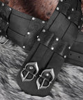 Medieval Wide Belt Set With Leather Belt Large And Small Waist Pouches And Leather Sword Frog For LARP And Halloween Costumes Totally Ready Viking Or Knight All In One Accessory Kit Black Edition with silver buckles.
