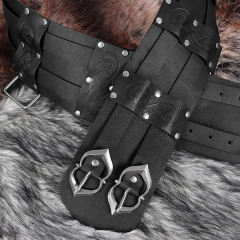 Medieval Wide Belt Set With Leather Belt Large And Small Waist Pouches And Leather Sword Frog For LARP And Halloween Costumes Totally Ready Viking Or Knight All In One Accessory Kit Black Edition with silver buckles.