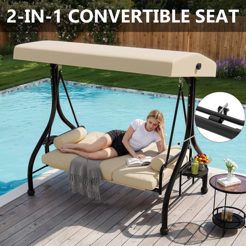 Three Seat Outdoor Porch Swing with Adjustable Canopy and Stand by pool, woman reclining with book, cup holder tray visible