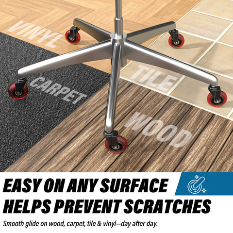 Office Chair Wheels Set Of 5 - 3 Inch Rubber Casters Replacement Universal Fit, installed on chair, shown on various floors