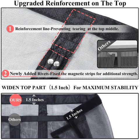 Upgraded Magnetic Screen Door With Full Strip Magnets Heavy Duty Fiberglass Mesh showing reinforced top with rivets and strips