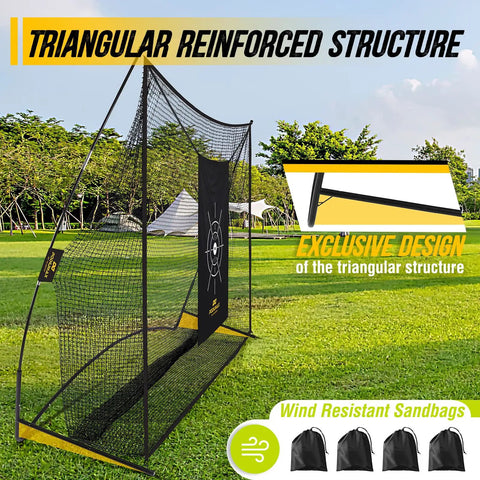Heavy Duty Golf Practice Net 10x7ft With Noise Reducing Silk Target for backyard use, triangular structure, fiberglass poles