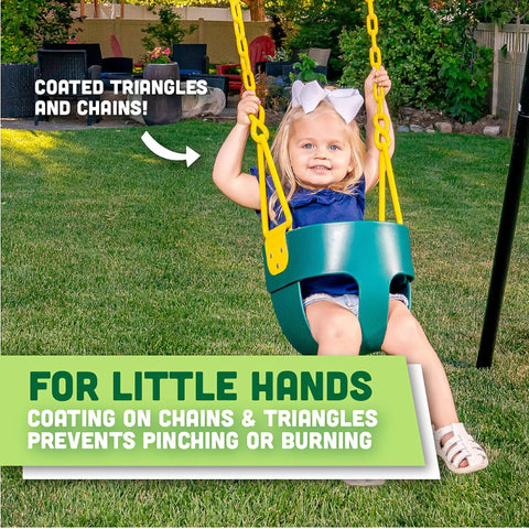Child swinging in Deluxe High Back Bucket Toddler Swing With Pinch Free Design And Safe Chain, Triangle Guard, Green Outdoor Playset