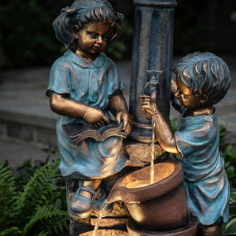 47-Inch Outdoor Water Fountain With 3-Tier Boy And Girl Resin Waterfall, Calming Water Sounds And Warm LED Lights, Garden Patio