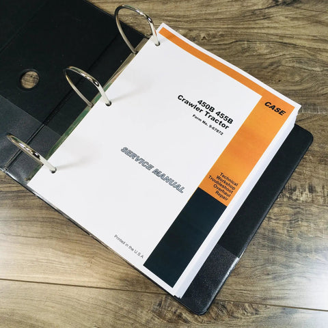 Service And Repair Manual For 450B And 455B Crawler Loader Dozer No Nonsense Shop Grade Technical Book Overhaul Binder OEM Authored Guide For DIY Maintenance Parts And Operators Reference Durable Reproduction For Long Lasting Use, black binder on wood