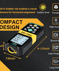 Your Go-To Rechargeable Green Laser Distance Meter With 265Ft Range, Pythagorean Mode, Area And Volume Calculations, Digital Readouts In Ft, Ft+In, In, Or M, Class II Laser, Dead-On Accuracy, The Handy Tool For DIY Home Projects. Compact laser distance meter, 4-1/2 inch by 7/8 inch, with bubble level and display