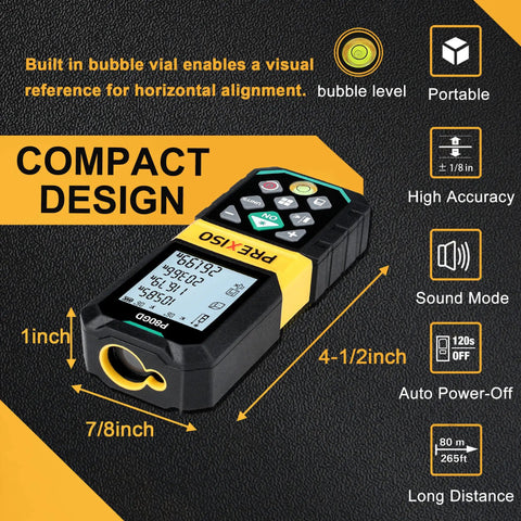 Your Go-To Rechargeable Green Laser Distance Meter With 265Ft Range, Pythagorean Mode, Area And Volume Calculations, Digital Readouts In Ft, Ft+In, In, Or M, Class II Laser, Dead-On Accuracy, The Handy Tool For DIY Home Projects. Compact laser distance meter, 4-1/2 inch by 7/8 inch, with bubble level and display