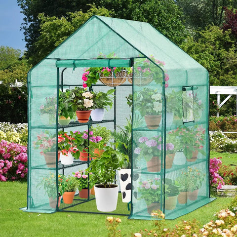 Outdoor Walk In Greenhouse With Screen Windows 57 X 57 X 76 Inches Heavy Duty Portable Plastic Grow House Built For Grower Friendly 3 Tiers And 12 Shelves With Shelf Clips PE Cover For All Weather Year Round Planting
