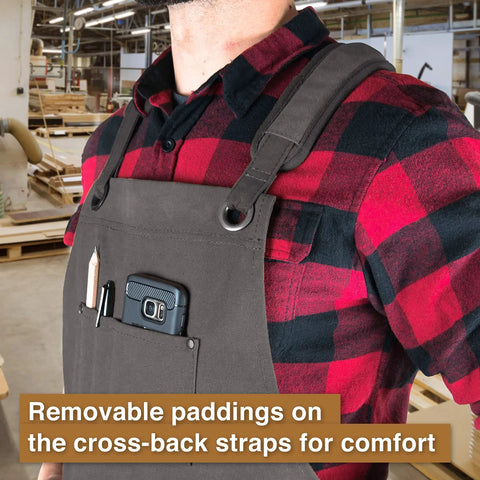 Waxed Canvas Tool Apron For Woodworking Pros And DIYers, Heavy Duty Work Apron With Front Pockets, Adjustable Padded Crossback Straps