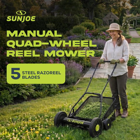 Manual Push Reel Lawn Mower With 20-Inch Cutting Width, 9-Position Height Adjustment, 8.5-Gallon Grass Catcher, Lightweight Eco Friendly Yard Care Machine For Quiet, Gas-Free Mowing And Easy Lawn Maintenance with 5 steel blades