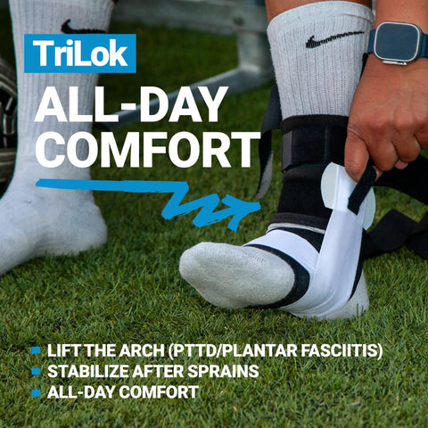 TriLok Ankle Brace With Figure Eight Stabilizer And FootLok Arch Lift for sprained ankles, worn on foot for comfort