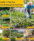 Long-Handle 62-Inch Cultivator Hand Rake With 3-Tine Heavy-Duty Carbon Steel in use across various garden and farm settings