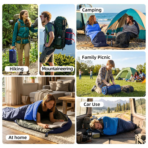 Lightweight Three Season Camping Sleeping Bag For Adults And Kids With Compression Sack Ultra Compact Backpacking Gear For Hiking Travel And Outdoor Adventures Indoor Or Outdoor Use Blue About 3lb in various scenarios like hiking, camping, and at home.