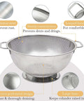 5 Quart Stainless Steel Colander With Handle For Beastly Fast Draining Fine Micro Perforations with features highlighted