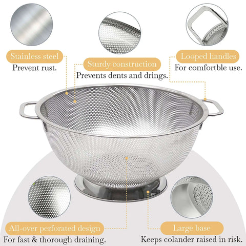 5 Quart Stainless Steel Colander With Handle For Beastly Fast Draining Fine Micro Perforations with features highlighted