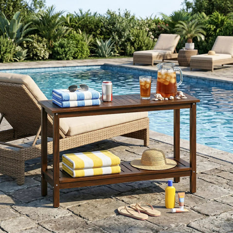 All Weather Patio Bar Table And Console With Two Shelves, 48 Inch Solid Wood Indoor Outdoor Multipurpose Buffet Storage Organizer, Espresso Finish, Adjustable Feet, Durable Outdoor Ready beside a pool with towels and drinks