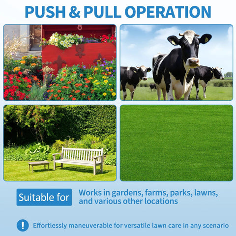 Illustration of a push and pull operation with images of flowers, cows, a lawn bench, and grass, suitable for various locations.