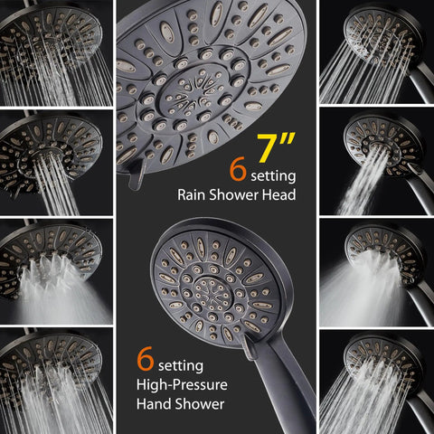7 Inch Premium High Pressure 3 Way Rainfall Shower Head Set with Stainless Steel Hose, 6 Setting Rain Shower and Handheld, Bronze Finish