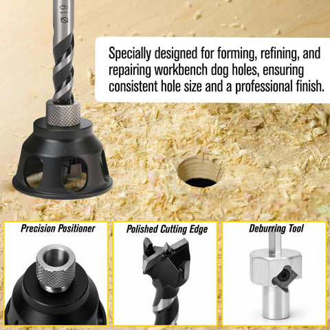 No-Nonsense 19mm Dog Hole Chamfer Reamer Bit For Three-Quarters Inch Holes, tool kit with locator jig and polished T10 alloy blade