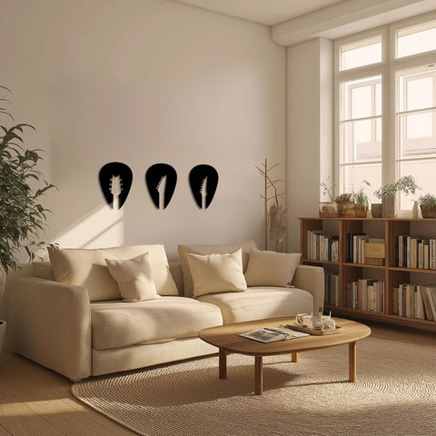 Set Of 3 Black Guitar Silhouette Wall Art On Engineered Wood 11x40 Inch Modern Wall Decor in living room above beige sofa