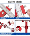 Close-up of All In One Cabinet Hardware Jig showing assembly process with red components and rulers, easy layout instructions.