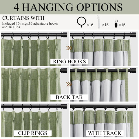 Light Sage Double Layer Blackout Linen Curtains For Living Room And Bedroom, 96 Inch Long Pinch Pleat Drapes, 4 hanging options