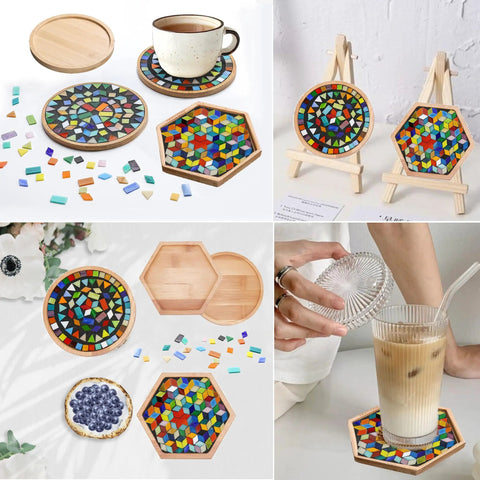 Ultimate Mosaic DIY Kit for Adults, Mixed Color Stained Glass Tiles With Two Wooden Coaster Bases displayed in use and design.