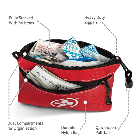 Red dual-compartment nylon first aid kit pouch with heavy-duty zippers and 64-item set.
