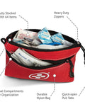 Open view of 2 In 1 First Aid Kit For Car Travel And Home With 64 Piece Medical Supplies And 25 Pack Bonus Mini Kit showing compartments and supplies.