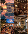 Collage showcasing 50Ft LED Outdoor String Lights with 52 Dimmable Shatterproof G40 Plastic Bulbs in various cozy settings.