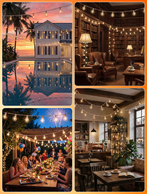 Collage showcasing 50Ft LED Outdoor String Lights with 52 Dimmable Shatterproof G40 Plastic Bulbs in various cozy settings.