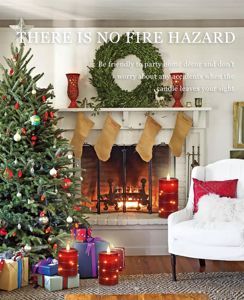 Living room with Christmas decor featuring Red Flameless LED Pillar Candles With String Lights Set Of 3 Battery Operated Candles In 4 Inch 5 Inch And 6 Inch Size With Remote Control For Christmas And Festive Home Decor near fireplace and tree.