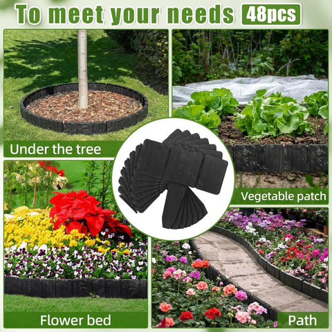 48 Pcs Landscaping Edging Border Kit With Interlocking Stakes For Lawn And Garden 37 Feet Black Plastic Border Fence For Flower Beds And Yard Landscaping Easy To Install featuring applications in flower beds and paths.