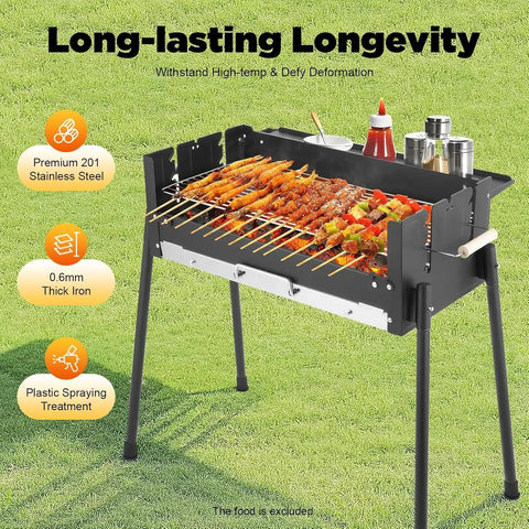 Portable Charcoal Grill With Three Gear Height Adjustment For Three To Eight People, Heavy Duty 201 Stainless Steel Freestanding BBQ With Skewers