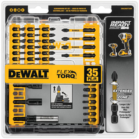 Impact Driver Bit Set 35-Piece With Connectable Storage System in clear case, visible FlexTorq features, includes bits DWA2NGFT35IR