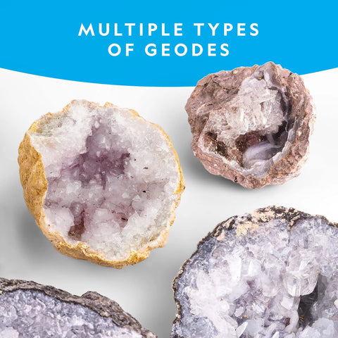 Hands On Geode Break Open Kit For Kids With 10 Premium Geodes And Crystal Treasures Inside, multiple geode types displayed