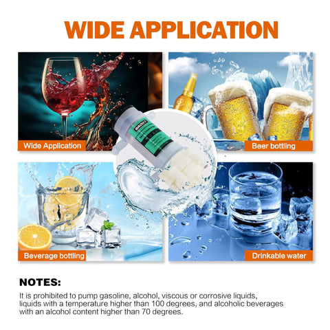 Top Notch Food Grade Self Priming Diaphragm Water Pump For Hassle Free Beverage Transfer shown with beer and drink applications.