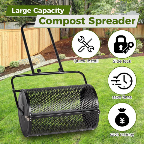 24 Inch Lawn And Garden Compost Spreader Workhorse Build With Heavy Duty Powder Coated Steel Roller in garden setting