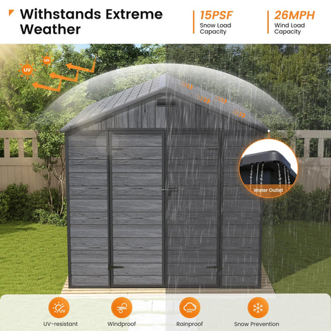 Outdoor Resin Storage Shed 8x10 Feet With Floor Durable Sturdy Plastic Garden Tool Shed For Bike And Gear Lockable Door Big Backyard Patio Storage Dark Gray in rain, showcasing weather resistance features.