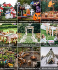 Collage of seasonal and event decorations: Christmas, Halloween, Thanksgiving, party, wedding, Easter, garden, outdoor furniture, winter storm.