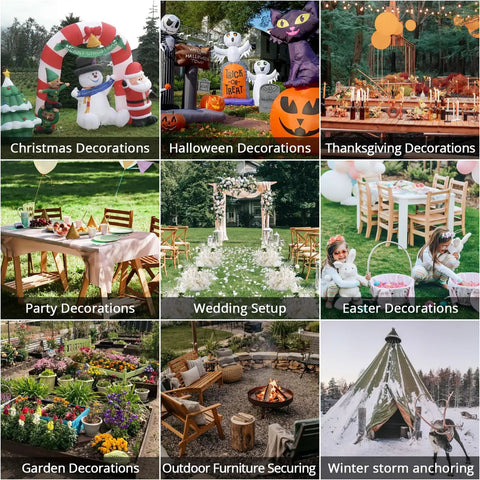 Collage of seasonal and event decorations: Christmas, Halloween, Thanksgiving, party, wedding, Easter, garden, outdoor furniture, winter storm.