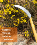 Grass Sickle With Sawtooth Design And Japanese Weeding Hoe for garden work, high tough stainless steel, wooden handle, yellow flowers
