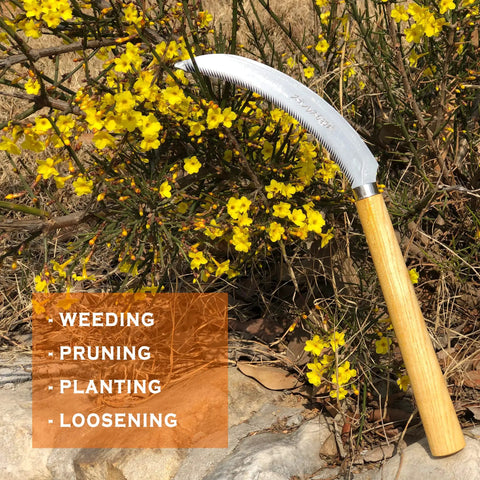 Grass Sickle With Sawtooth Design And Japanese Weeding Hoe for garden work, high tough stainless steel, wooden handle, yellow flowers
