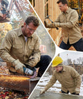 Men wearing Flame Resistant Long Sleeve Welding Shirt With Pearl Snap Front Heavy Duty Cotton Twill Workwear In Khaki FR Rated